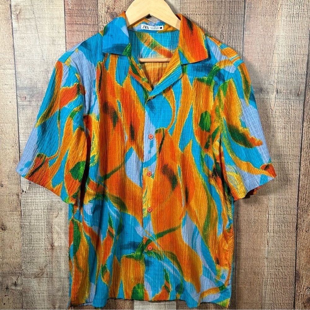 Zara Abstract Statement Medium Button Up Artsy Oversized Painterly Shirt Bold